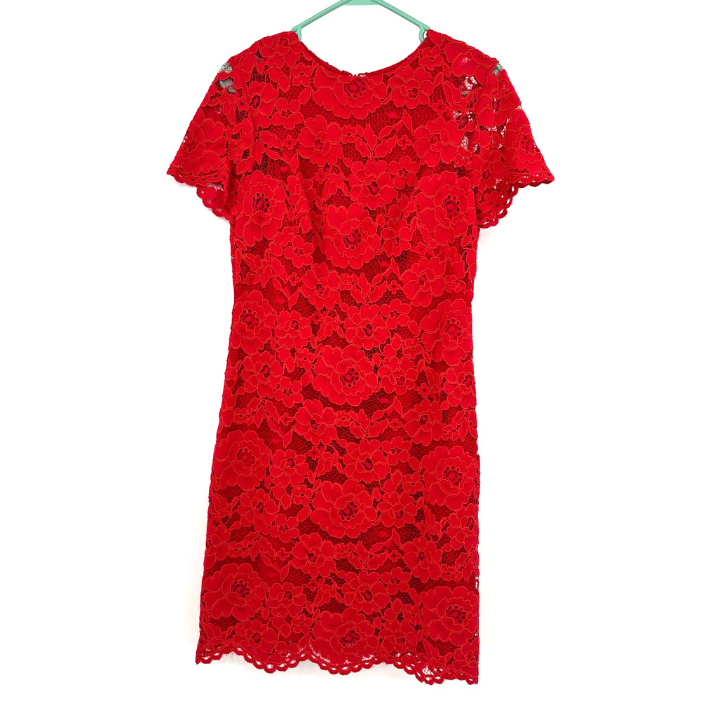 Lauren Ralph Lauren size 8 red lace short sleeve fitted dress hidden rear zip